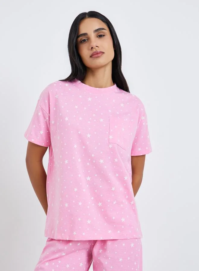 Styli Star Print Round Neck T-Shirt and Pyjama Set